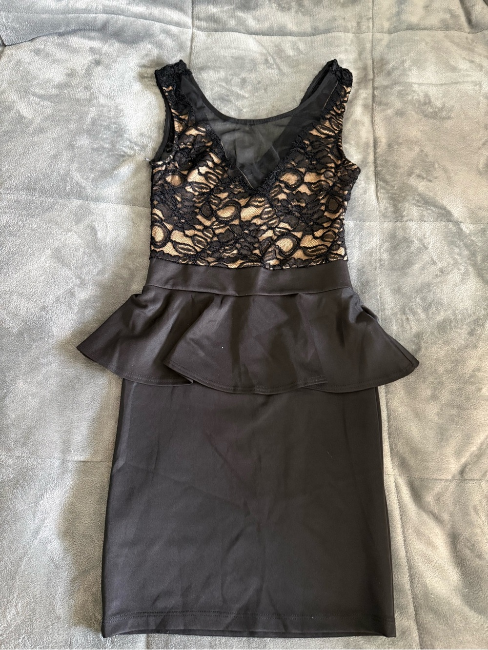 Deb Black Lace Peplum Midi Dress with Nude Underlay